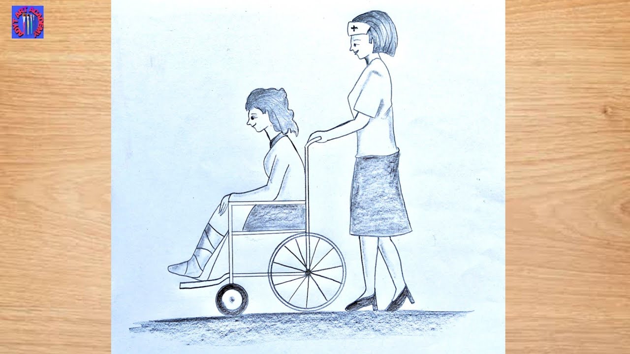 How to draw a nurse with a wheelchair patient in the hospital || pencil drawing
