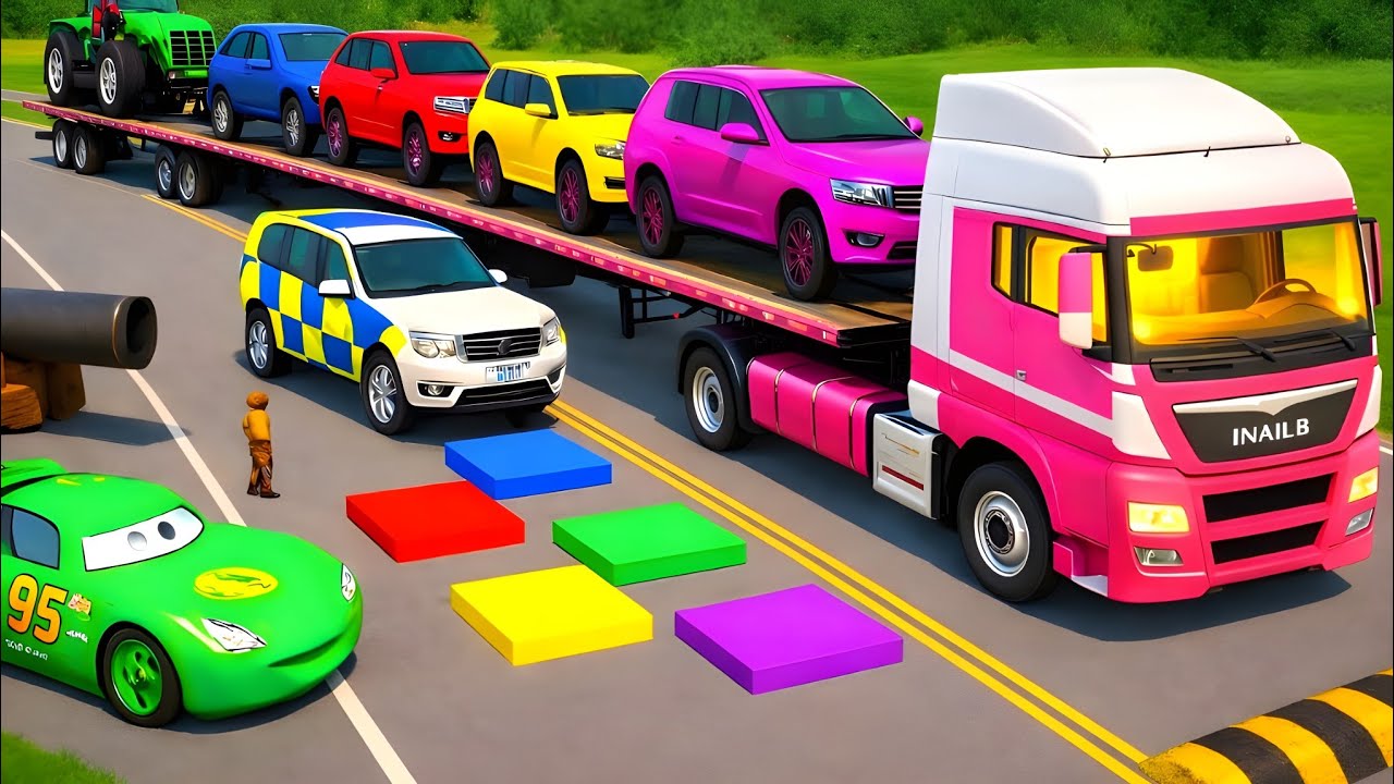 Double Flatbed Truck McQueen / Transportation with Truck / Pothole vs 12Car 61 / Mao Drive BeamNG