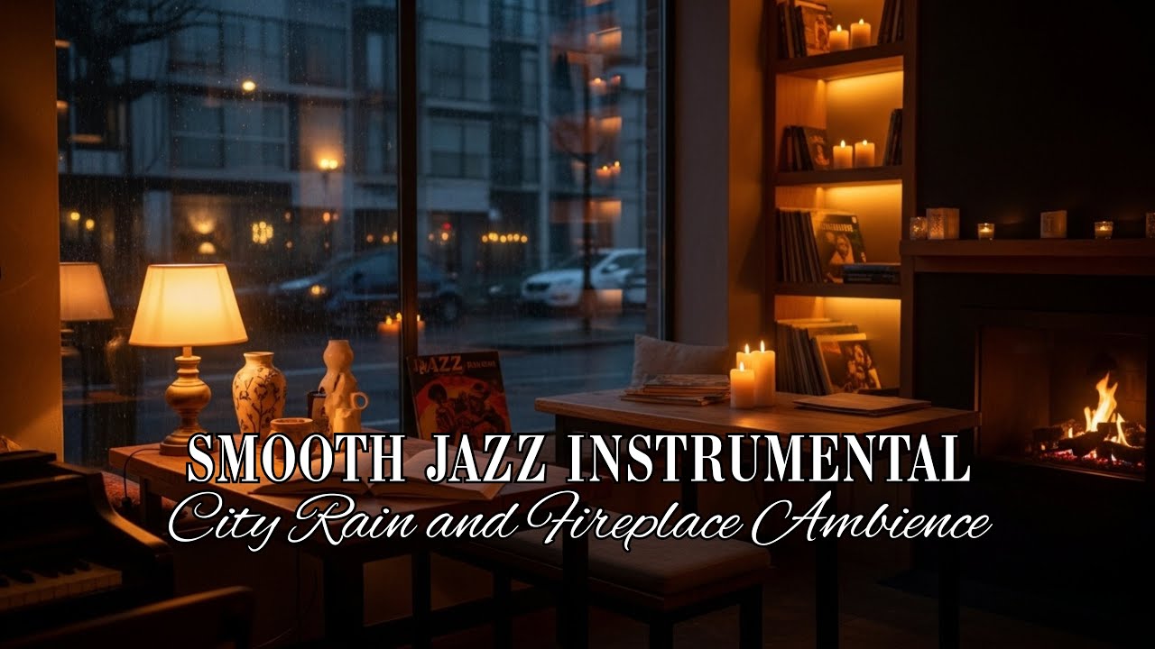 City Rain & Jazz Library | 2 Hours Smooth Jazz Piano, Fireplace ASMR, and Distant City Traffic