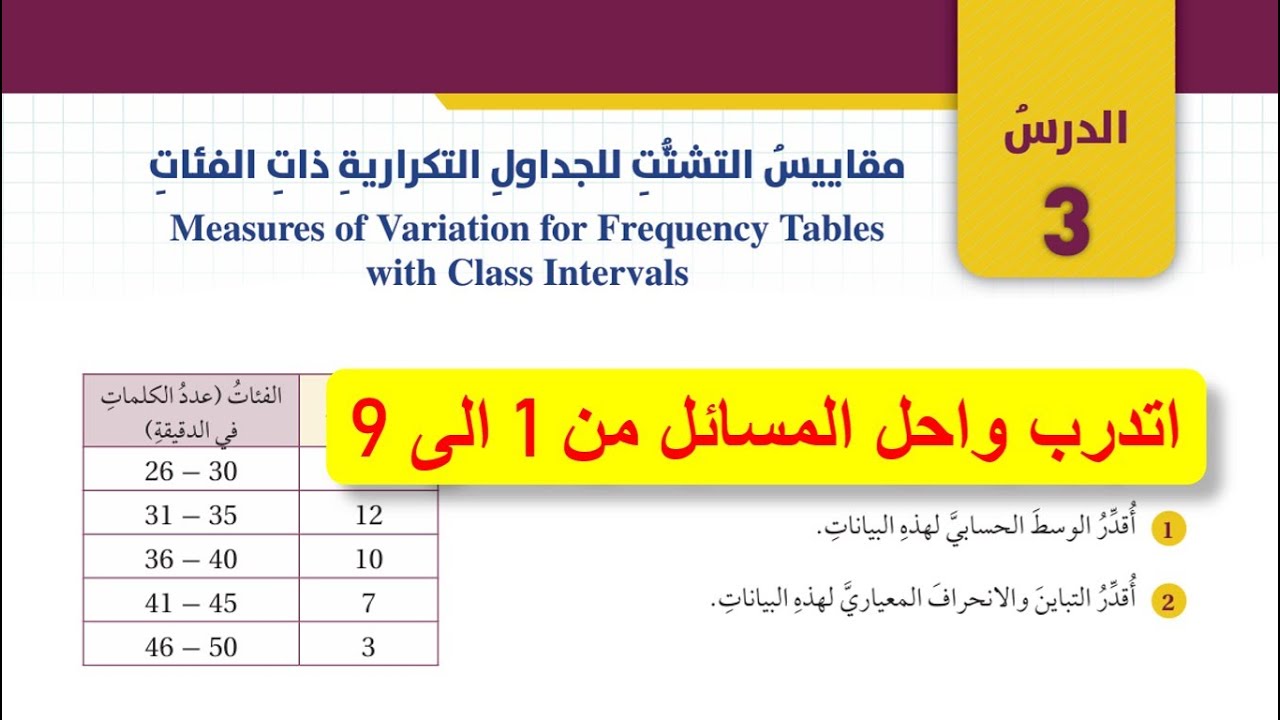 اتدرب واحل المسائل لدرس مقاييس التشتت للجداول التكرارية ذات الفئات للصف العاشر
