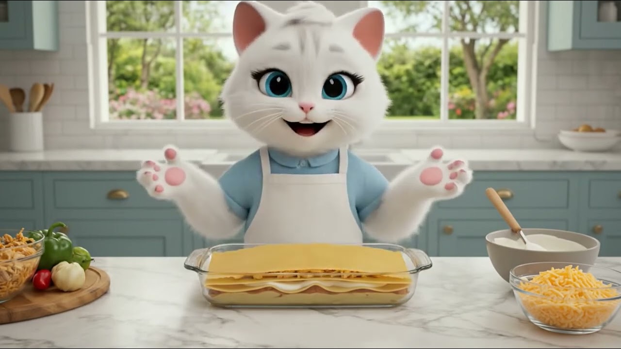 Cute Cat Mimi Makes Chicken Lasagna 🍗🍝| Cheesy & Delicious Recipe