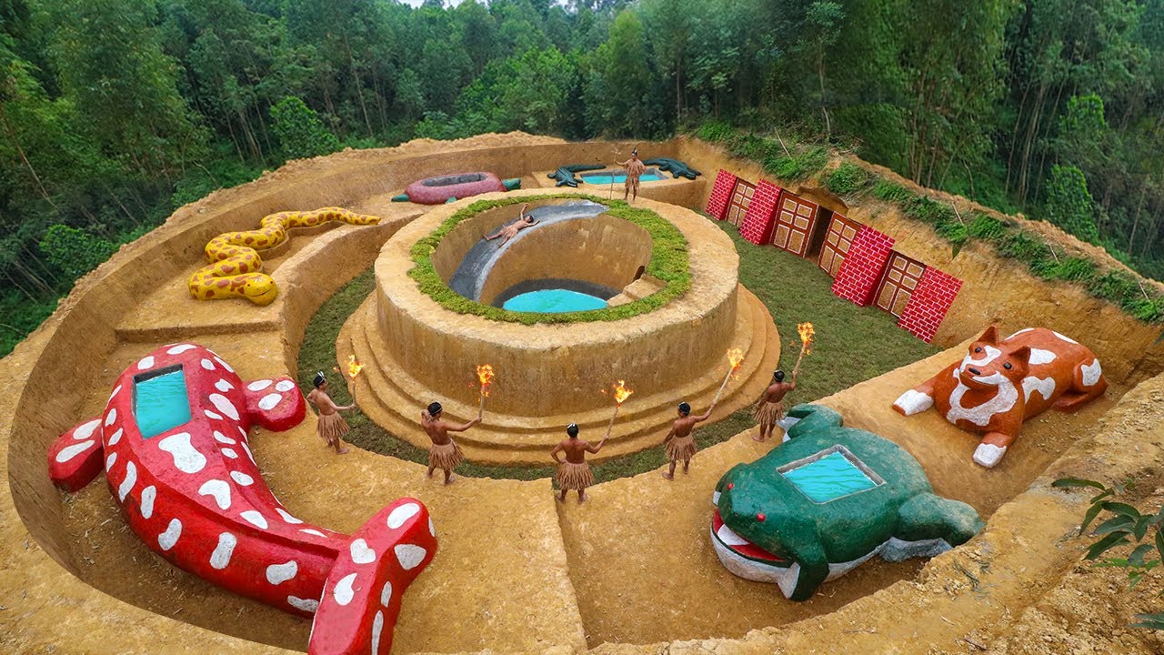 Build Underground Animals Zoo Around Water Slide Swimming Pool And Secret Underground House