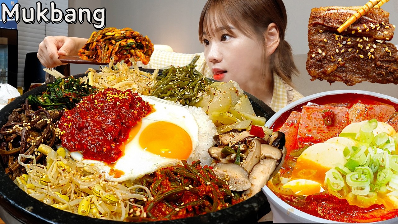 Sub)Real Mukbang- Пибимпап в каменном горшке🍳 Жареные ребрышки🍖Острая рагу из колбасы🥘КОРЕЙСКАЯКУХНЯ