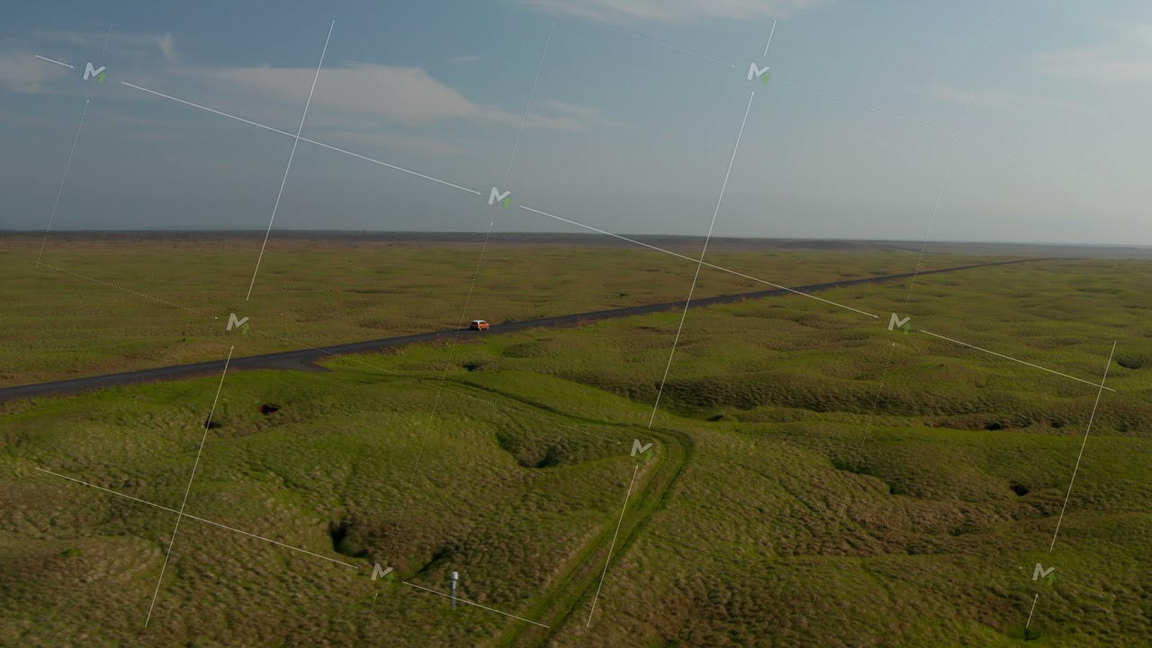 aerial view car driving on Ring Road, the most important highway in Iceland. Drone view car