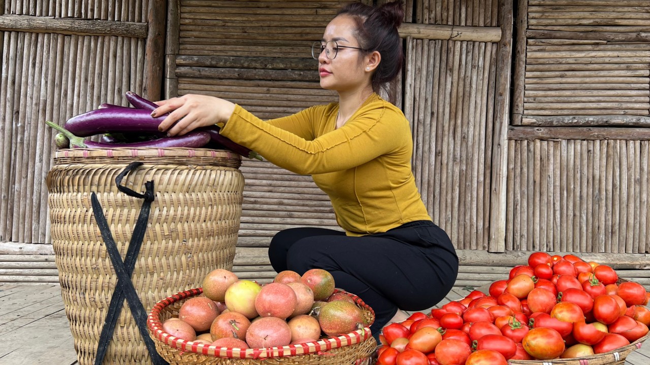 How does the young girl harvest passion fruit to sell at the market?