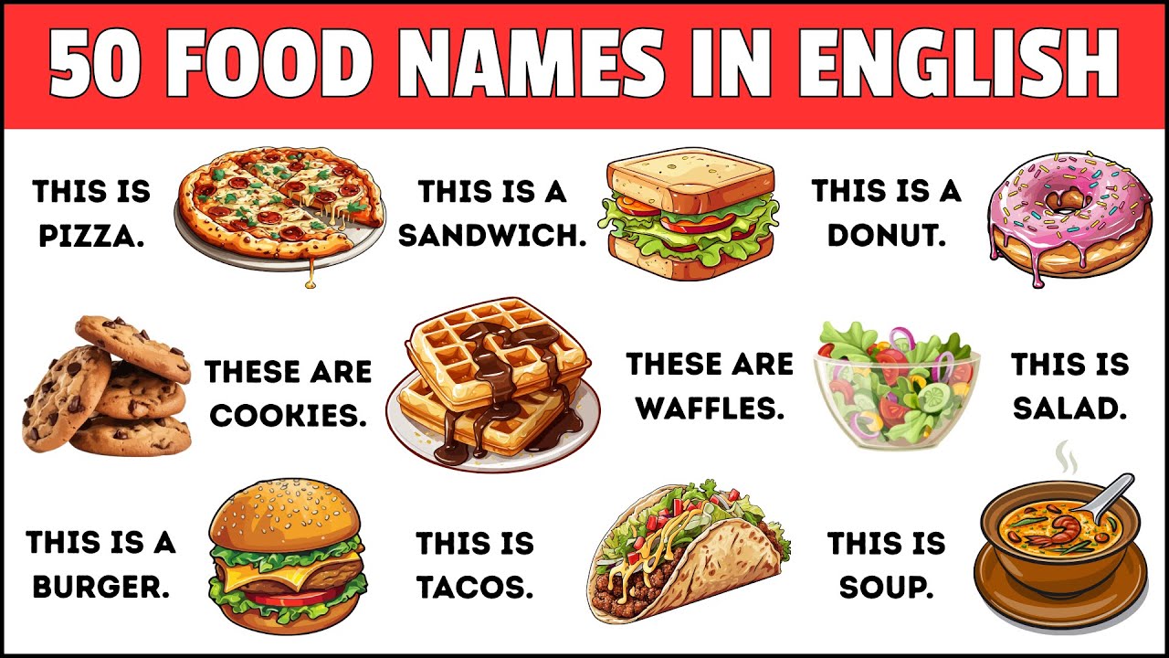 50 Food Names with Simple Sentences| Food Vocabulary for Kids| Names of Food  #food  #foods