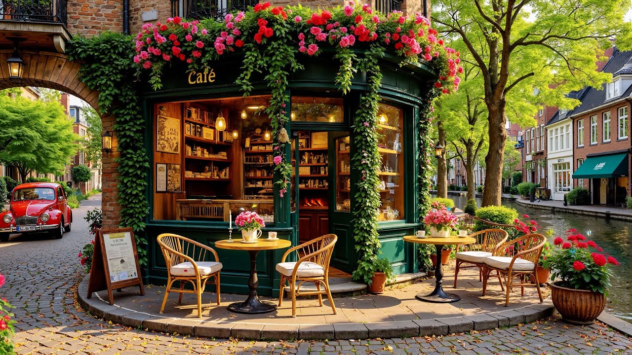 Calm Spring Jazz🌼Street Coffee Shop Corner for Study & Work ~ Smooth Jazz Music 🎧🌿
