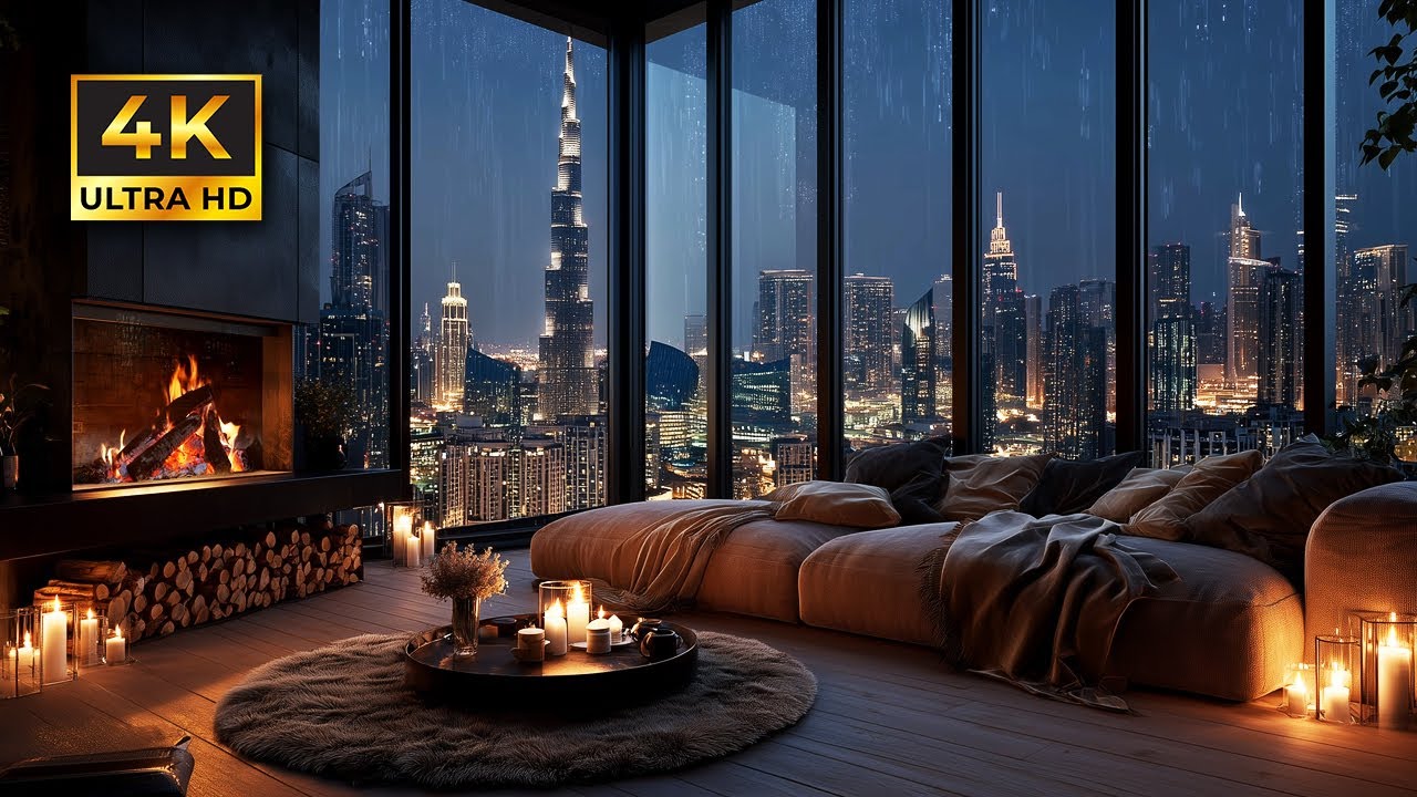 4K Luxury Dubai Apartment Ambiance 🔥 Cozy Fireplace & Rain for Relaxing, Deep Sleep, Study & Focus