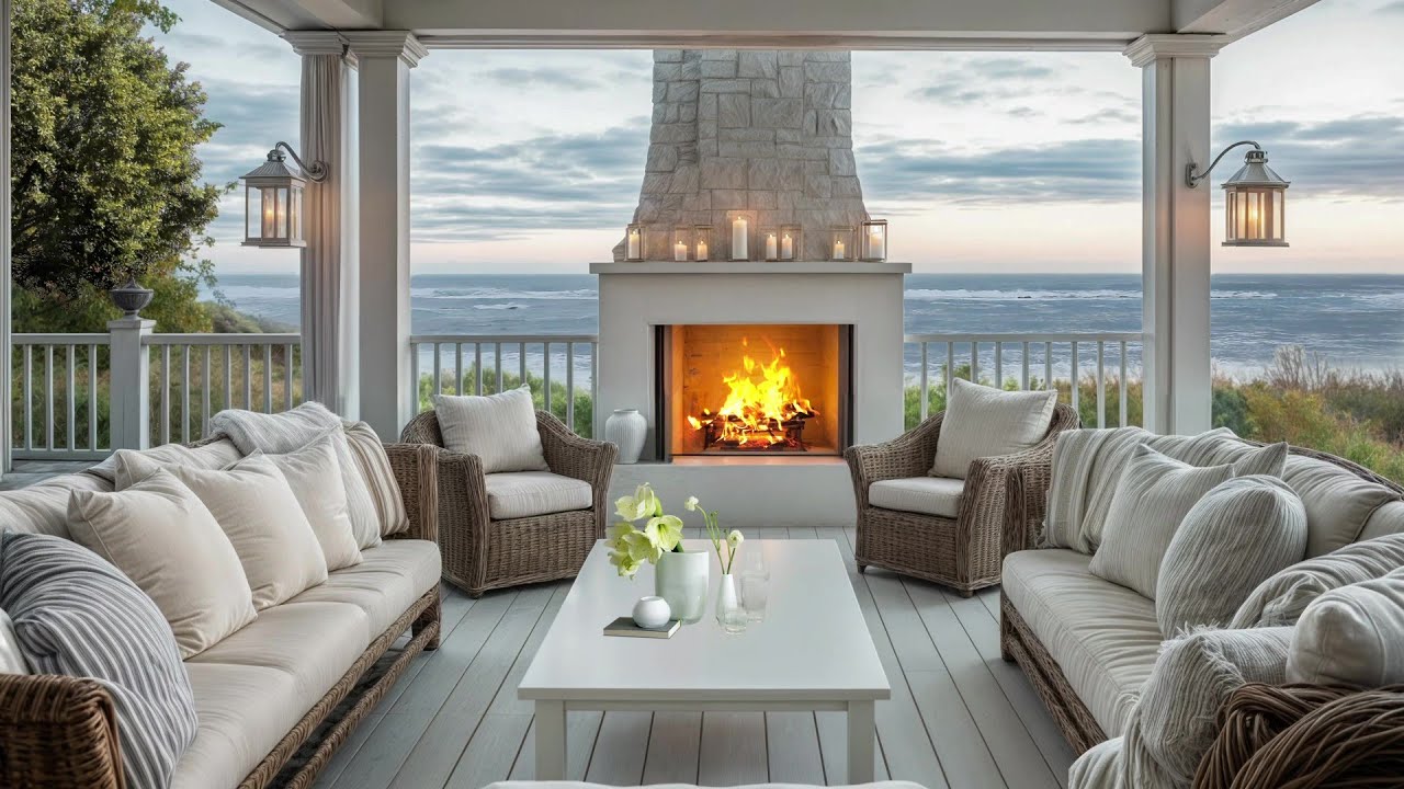 Cozy Coastal Cottage Ambience 🌊🔥 | Fireplace Crackle & Gentle Ocean Waves ASMR