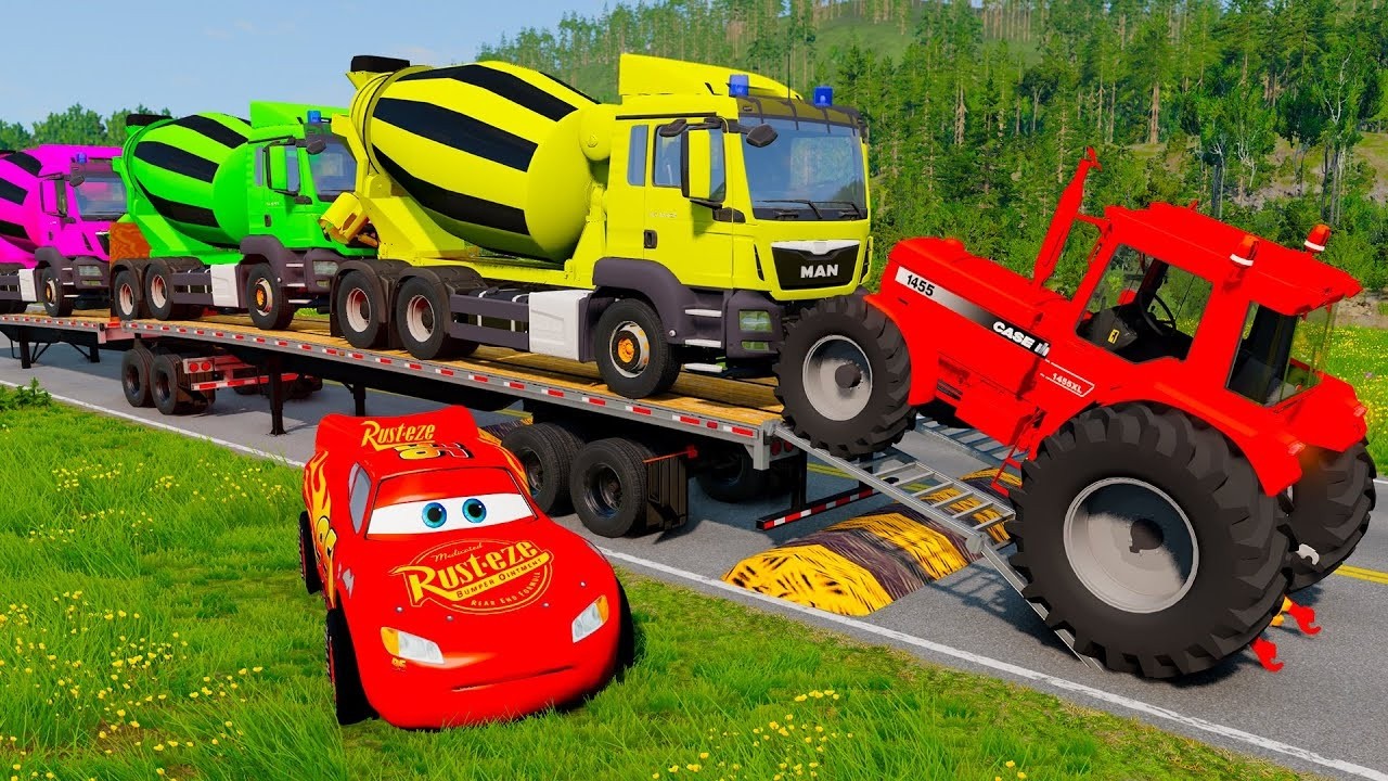 TRANSPORTING PIXAR CARS & FRUITS WITH COLORED & JOHN DEERE vs CLAAS vs TRACTORS - BeamNG.drive #983
