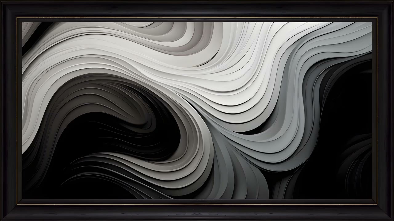 Layered Monochrome Abstract Waves 4K: Framed TV Art Screensaver