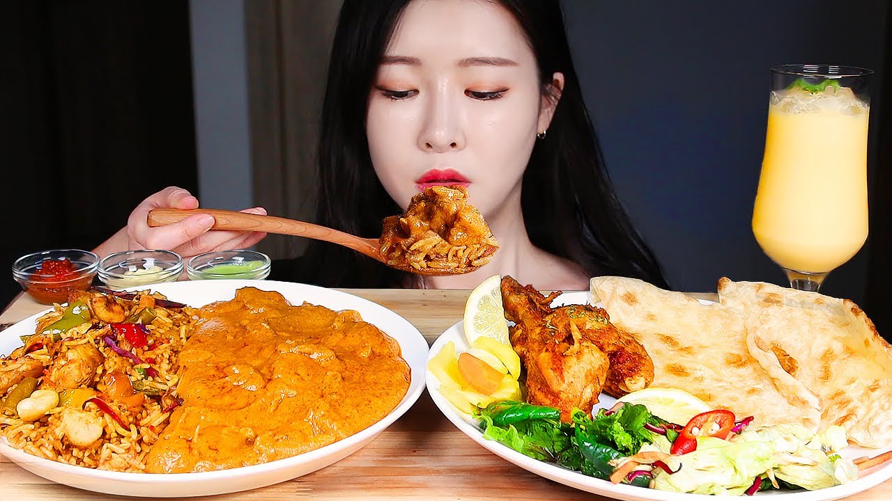 MUKBANG * Индийский острый масляный куриный карри & Бирияни & Курица тандури & Наан & Ласси ASMR 