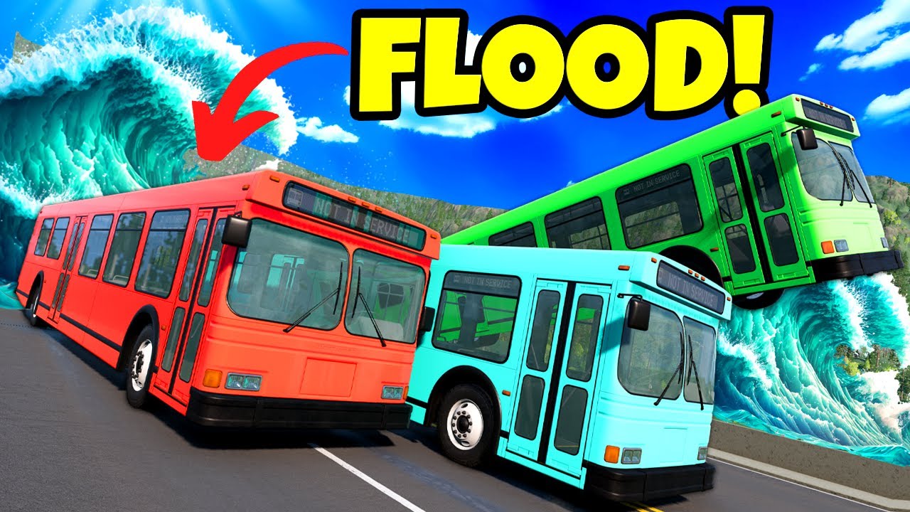 We Raced UPGRADED BUSES Against a Fast FLOOD in BeamNG Drive Mods!