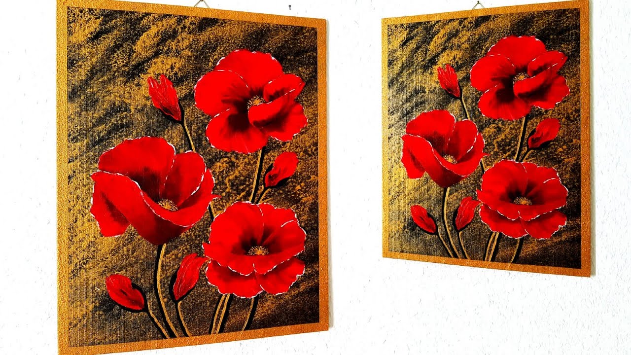 Blumen Malen Acryl Rot Gold für Anfänger - Flowers Acrylic Painting Red Gold easy for Beginners