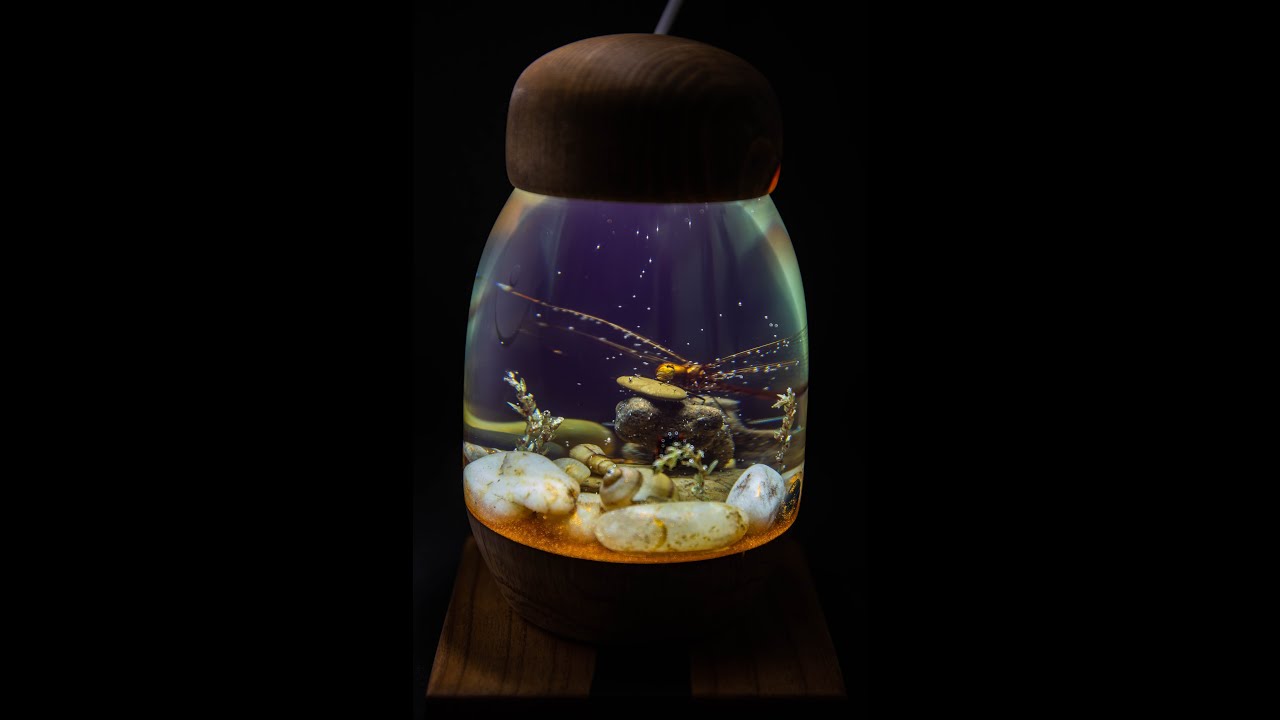 Woodturning - How to make this night lamp with dragonfly composition in epoxy!