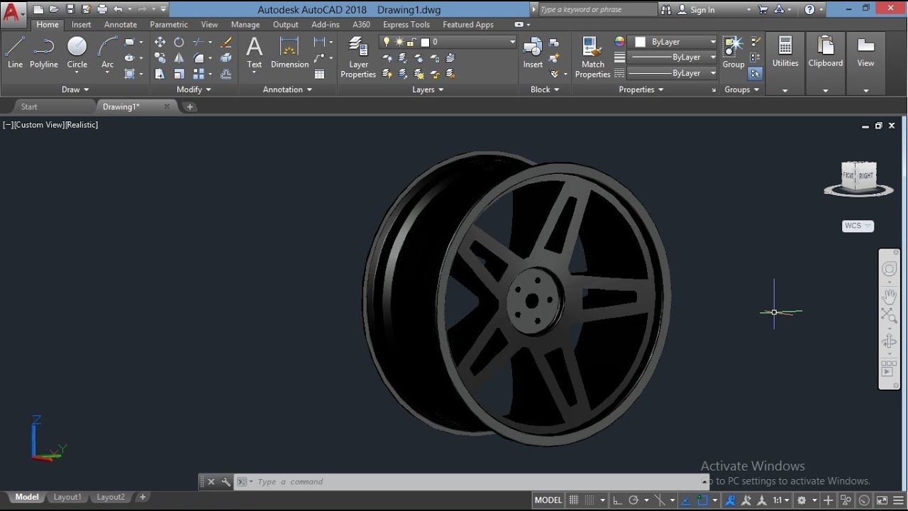 5 spoke slotted alloy wheel in AutoCad