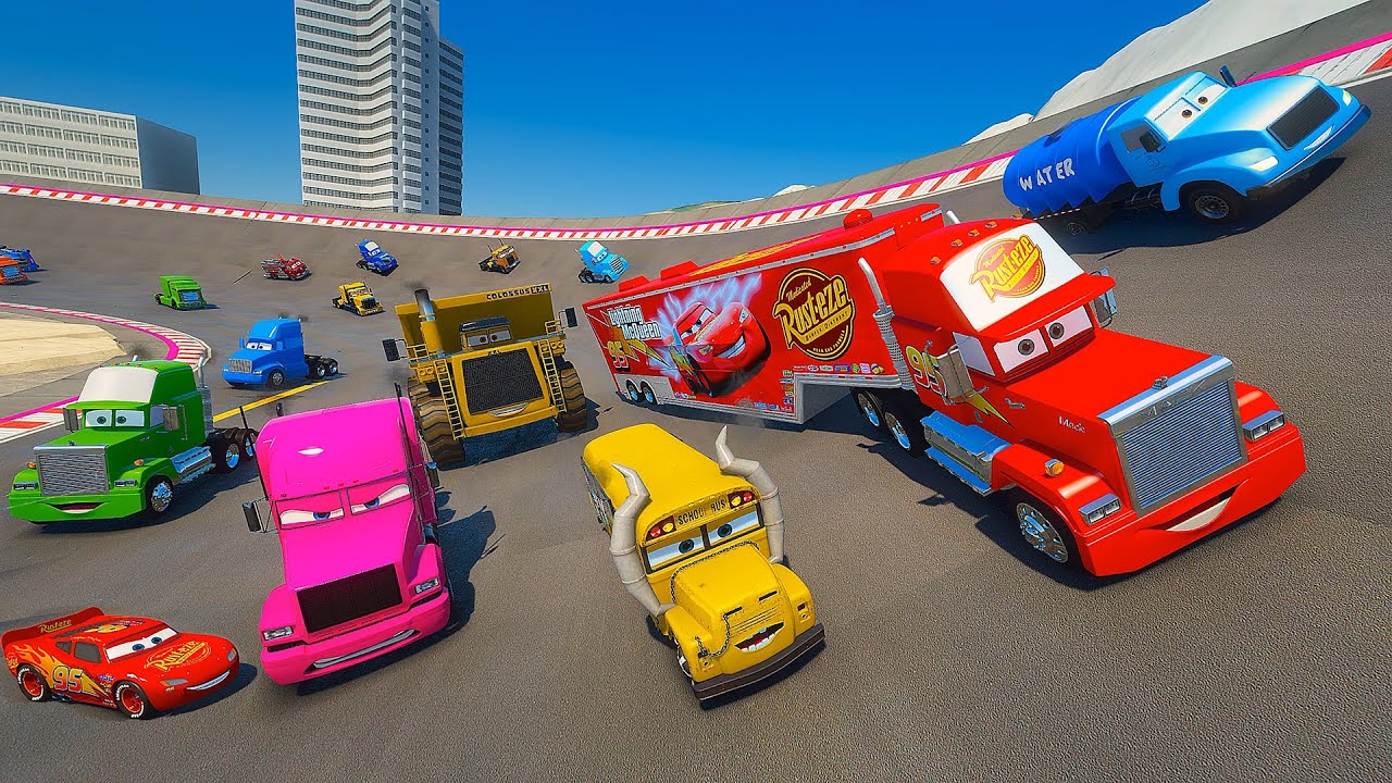 Cars Truck Ring Race McQueen Watches Mack with Trailer vs Colossus Red Miss Fritter Mr. Drippy Jerry