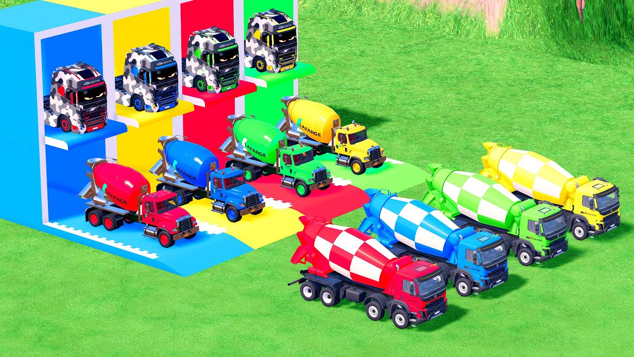 Garage with Colors - ALL MIXER TRUCK WITH DOUBLE FLATBED TRAILER TRUCK, MACK, MERCEDES, FREIGHTLINER