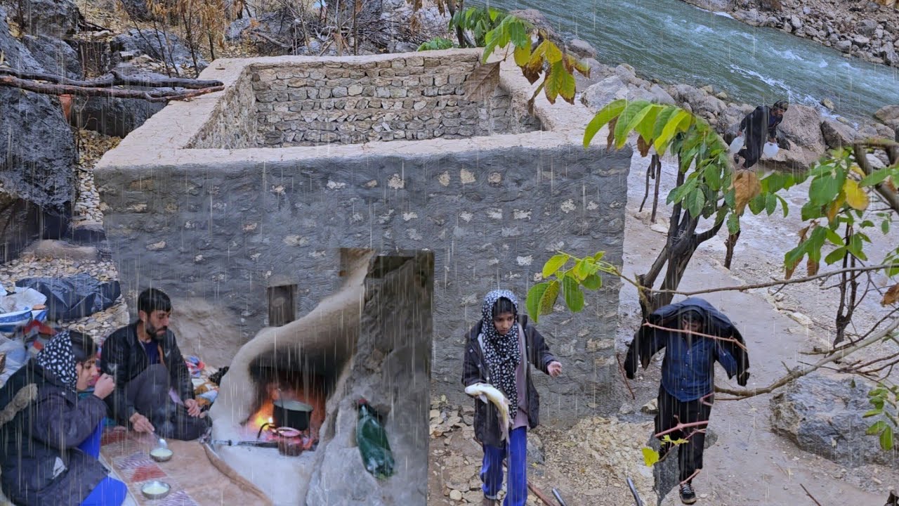 Nomadic life: Rainstorm by the Khersan River, traditional nomadic man cooking soup and doogh
