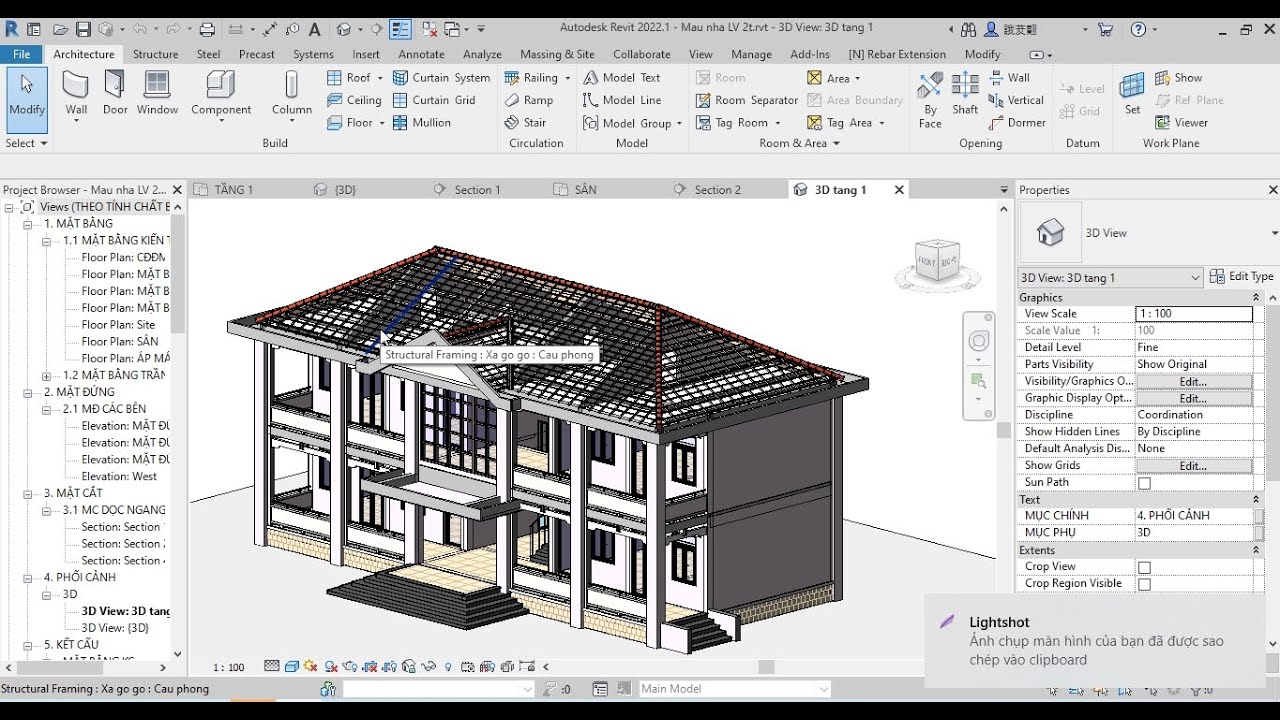 Revit - Vẽ trục - cao trình - cột - dầm - sàn - tường - cửa - bậc cấp