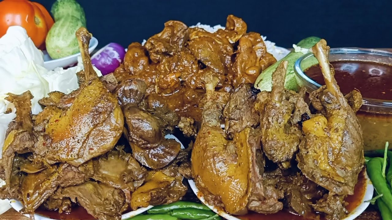 Eating Delicious 2kg Spicy Duck Curry |Chicken Liver Curry |Spicy Grevy |Salad & Rice Eating Show 😋