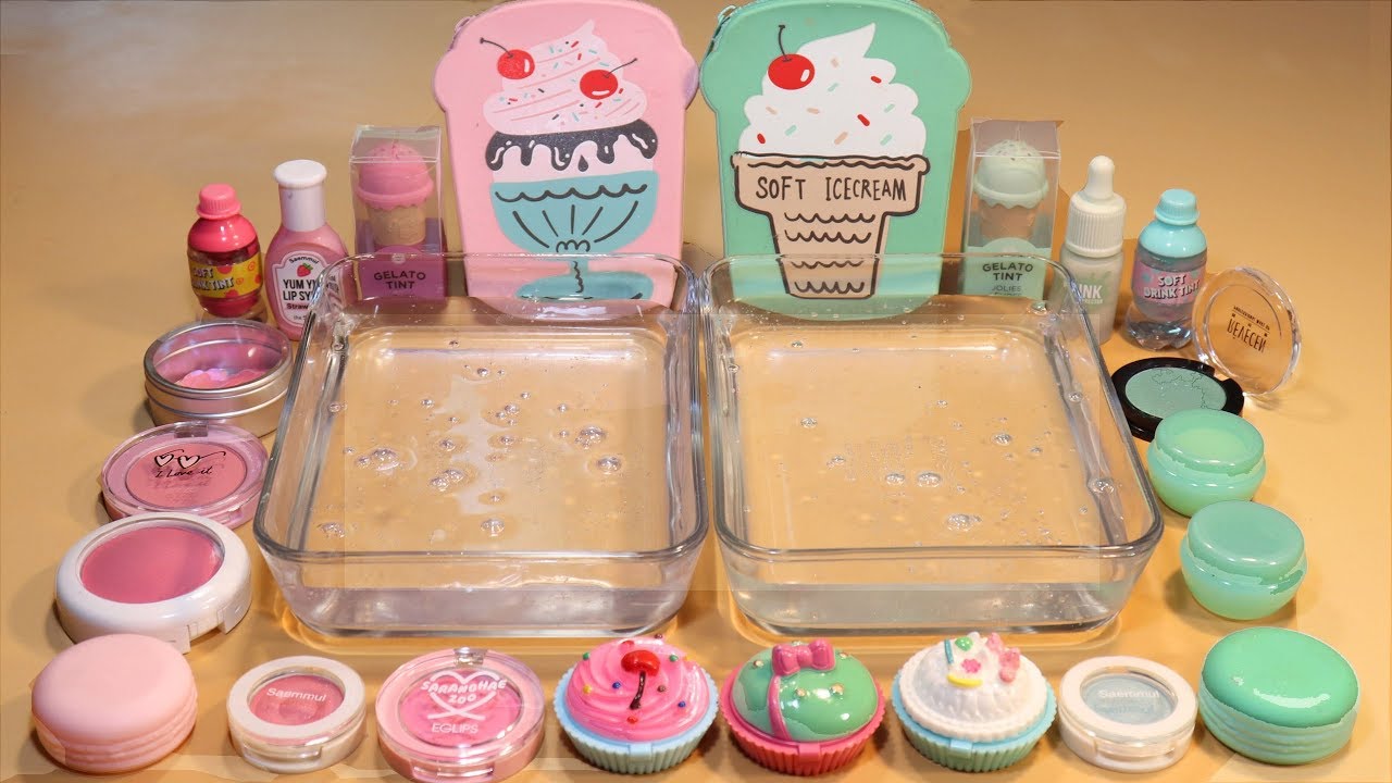 PINK vs MINT Mixing Makeup and parts,glitter Into Clear Slime! 
