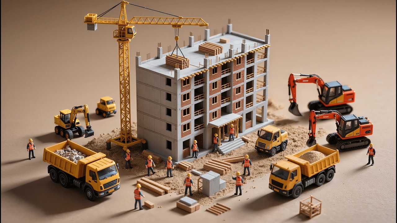 Mini Construction Workers Take on BIG Apartment Building Challenge