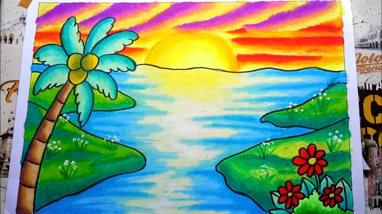 Cara menggambar dan mewarnai Pemandangan sunset dan pantai | Drawing sunset scenery | Gradasi Crayon