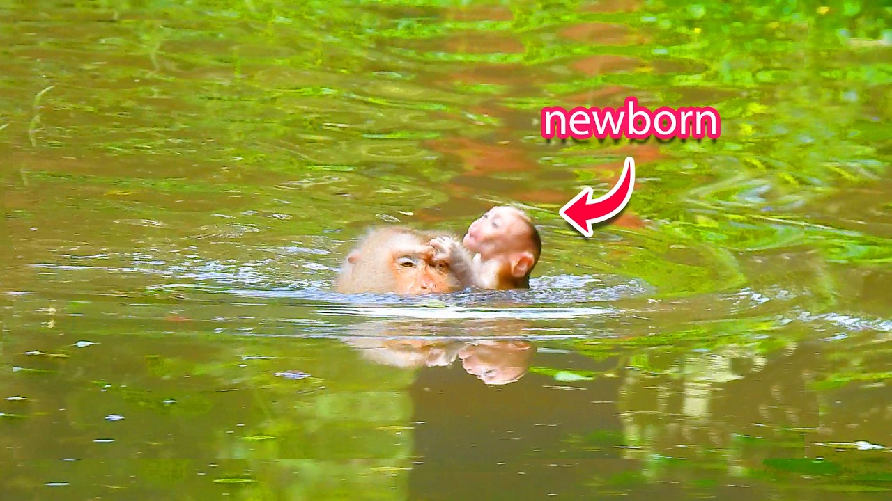 Lovely newborn is just 8 hours old but his mother hugs him to swims in deep water