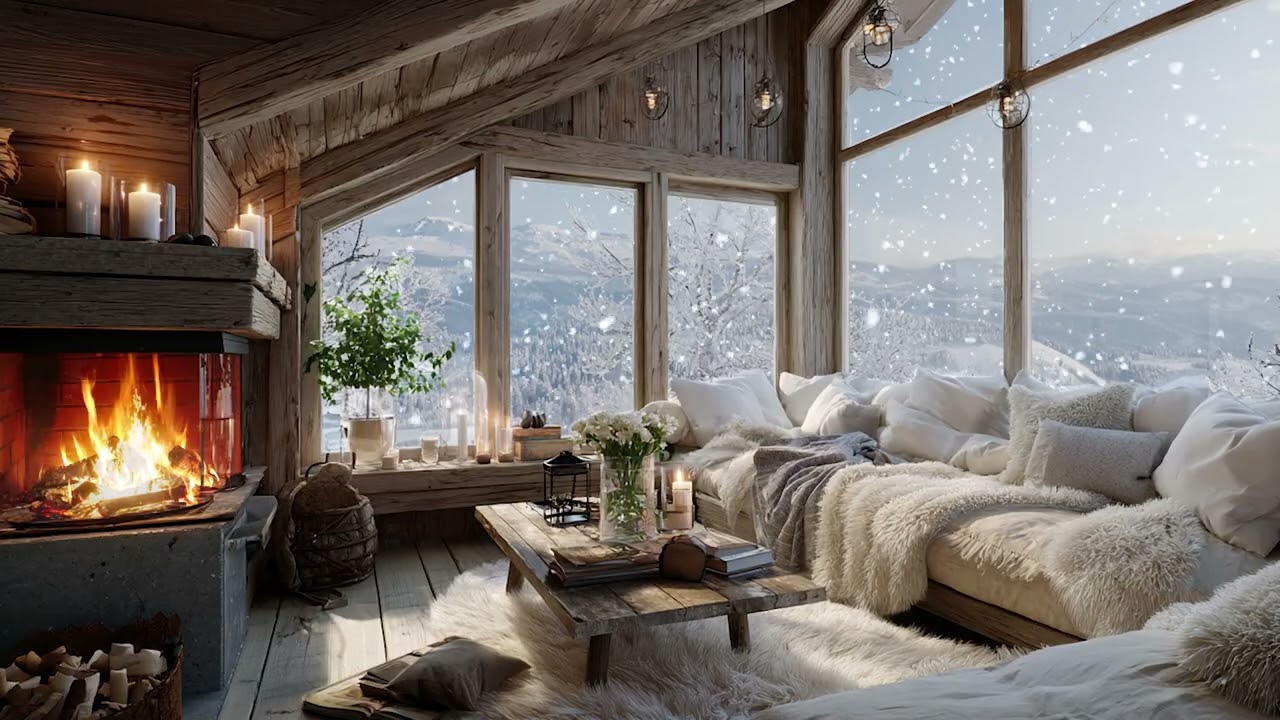 3 Hours Cozy Winter Piano Lounge | White Room Fireplace & Falling Snow | Sleep Relax Focus Study