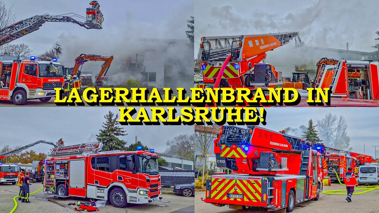 [FIRMENHALLE MIT WERKSTATT IN FLAMMEN] - FEUERWEHR KARLSRUHE bei LAGERHALLENBRAND im GROSSEINSATZ -