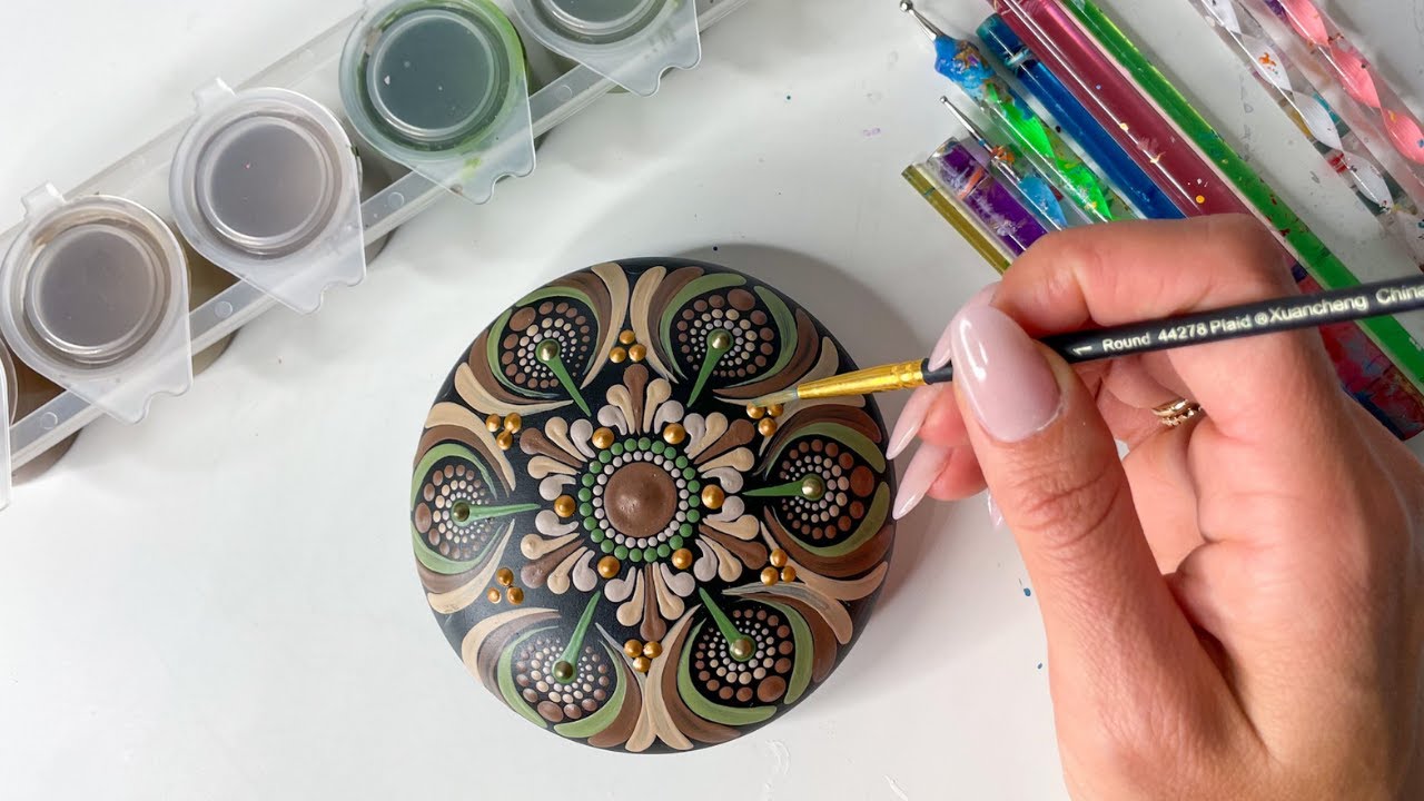 Brush Strokes On a ROCK | Green & Beige | Dot Art | Dot Mandala | Thoughtful Dots