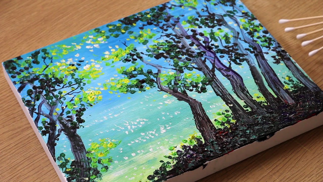 The sea in the eyes of the forest / Cotton swab painting ideas / Easy Acrylic painting #432