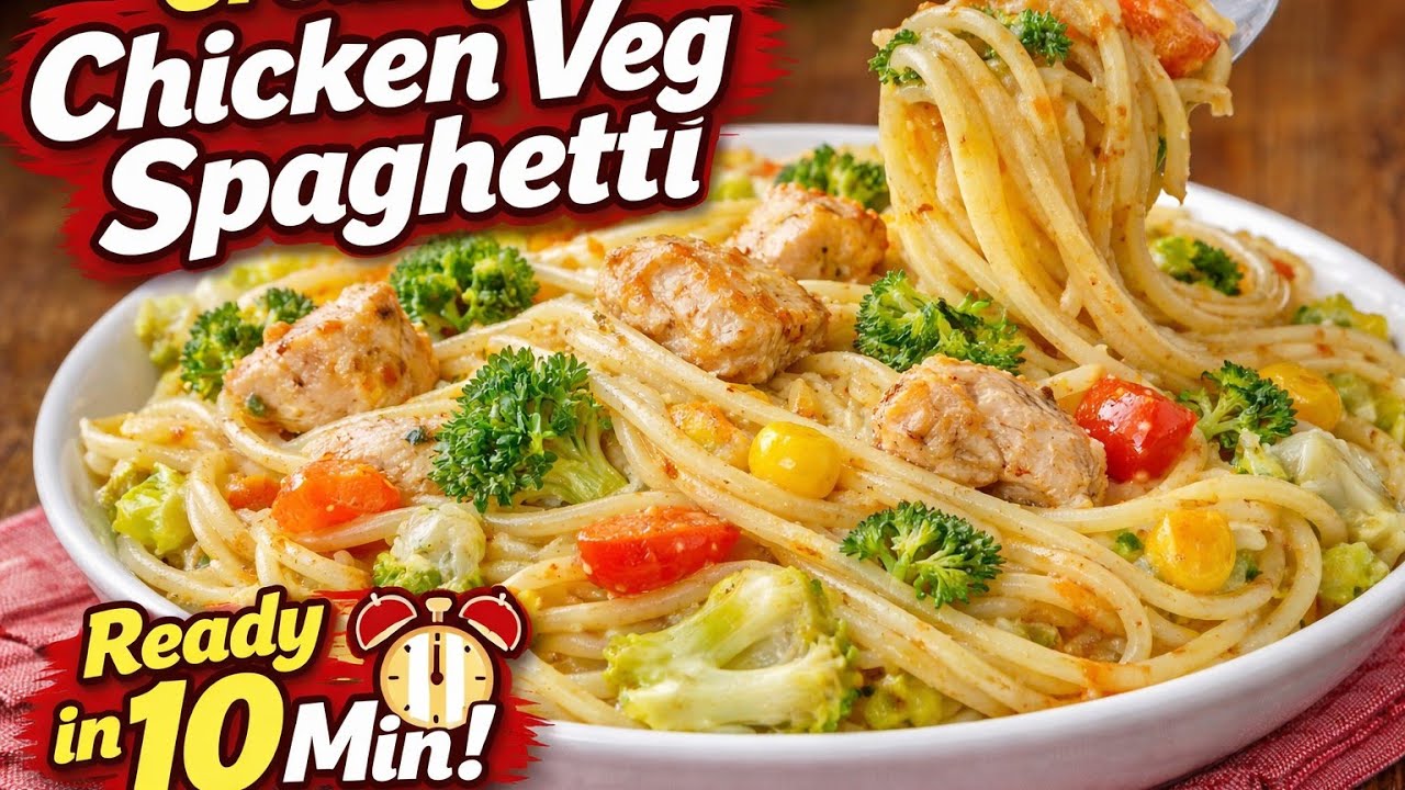 Creamy Chicken Veg Spaghetti | 10 Min Easy Dinner Recipe by nasreen'skitchen 