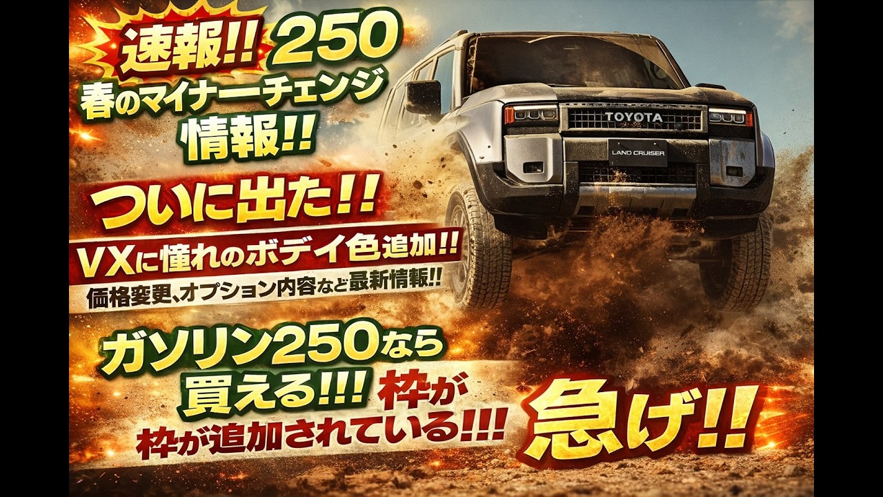 【速報！！】ランクル250　春のマイナーチェンジ情報！！ついに出た！！VXに憧れのボディ色追加！！価格変更、オプション内容など情報！！ガソリン250なら買える！！！枠が追加されている！！！急げ！！