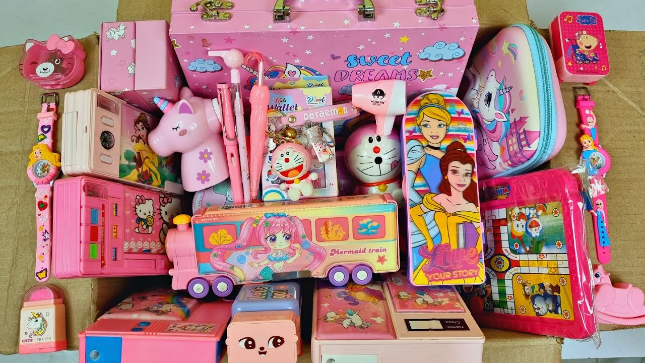 Box full of lovely pink stationery items - pencil box, art kit, sharpner, eraser, pens, pencils etc