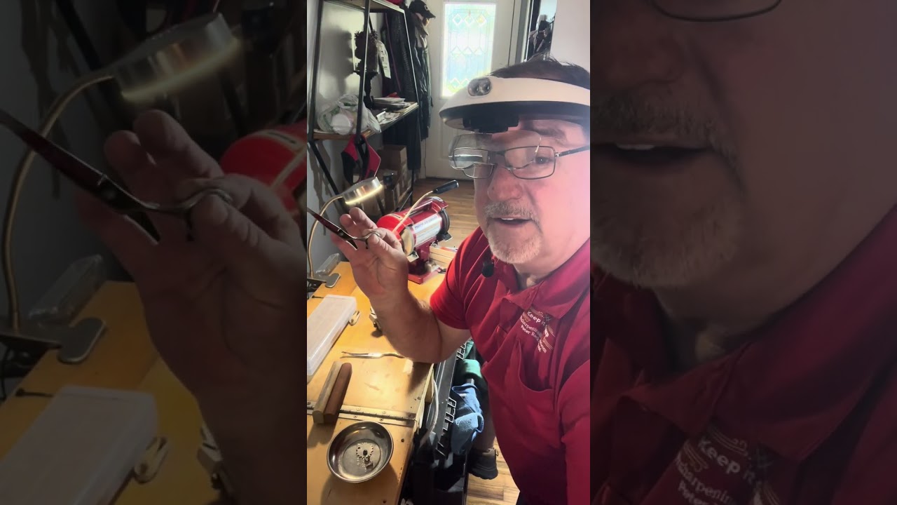 Sharpening curved scissors on a twice as sharp machine