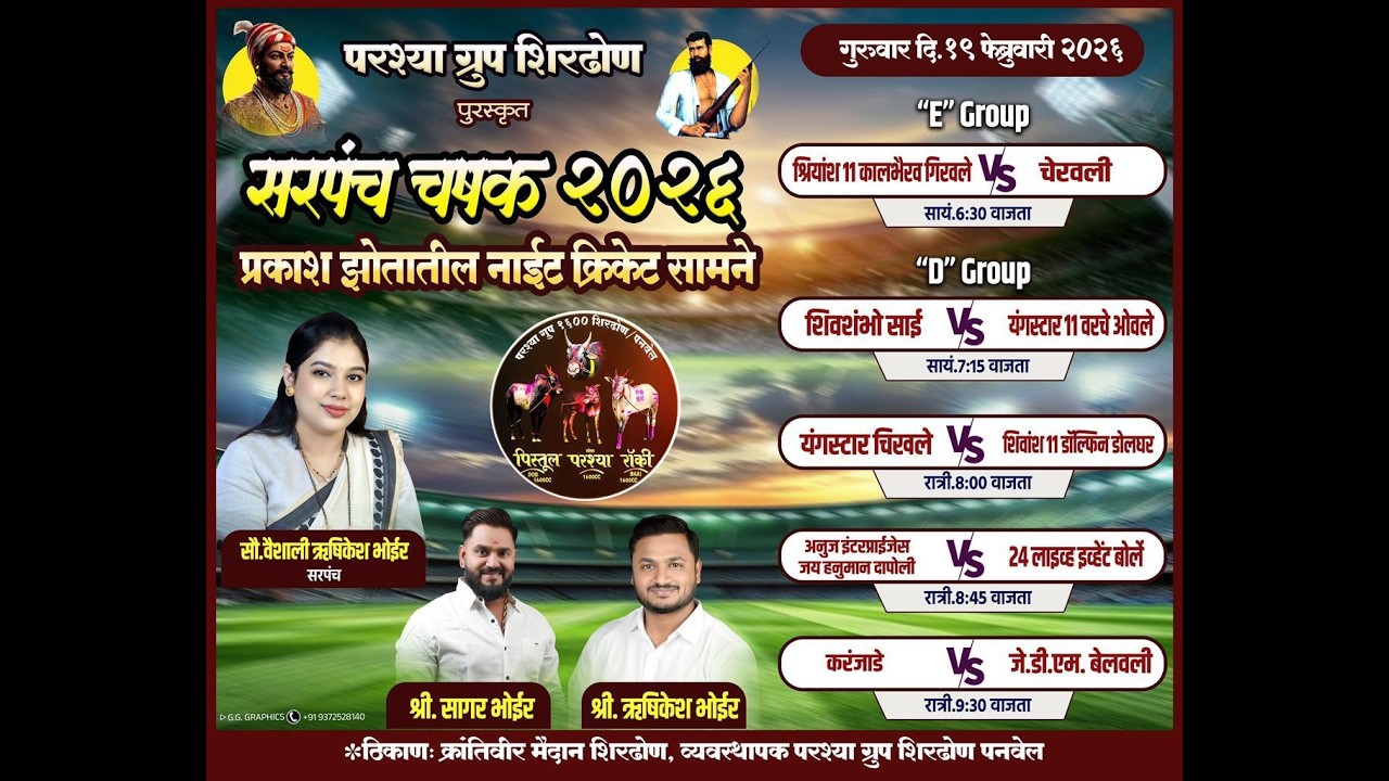 #NIGHT 1- परश्या ग्रुप शिरढोण पुरस्कृत सरपंच चषक २०२६ प्रकाश झोतातील नाईट क्रिकेट सामने