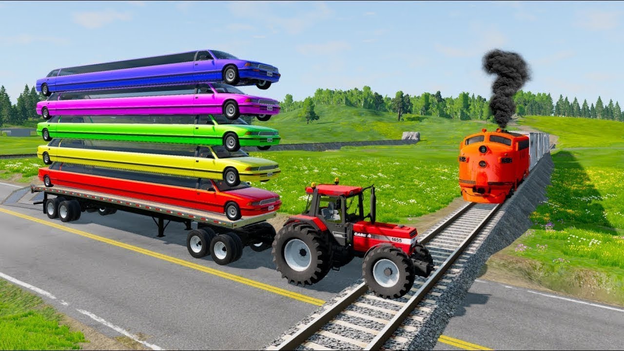 Triple Flatbed Trailer McQueen Transportation with Truck - Speedbumps vs Cars vs Train - BeamNG #962