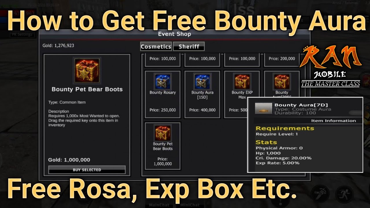 How to get Free Bounty Aura (Rosa, Perma Pet, Exp Box Etc) in Ran Mobile The Master Class V2.294