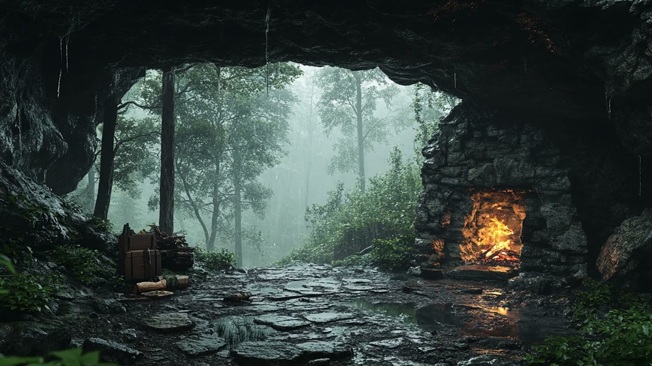 Rain Echoing Through a Warm Cave with Firelight | Deep Sleep Ambience for Stress Relief and Calm
