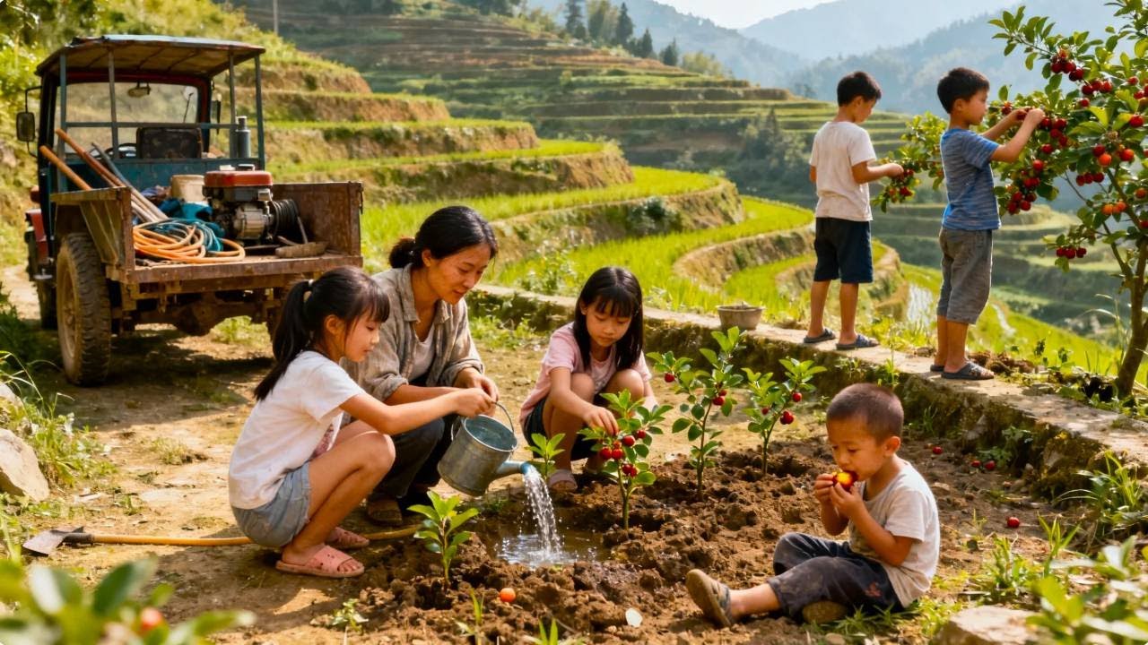 【一家七口隐居深山】妈妈带孩子们采摘野果子，孩子们主动为刚种植的果树浇水！#农村生活#vlog#山居生活