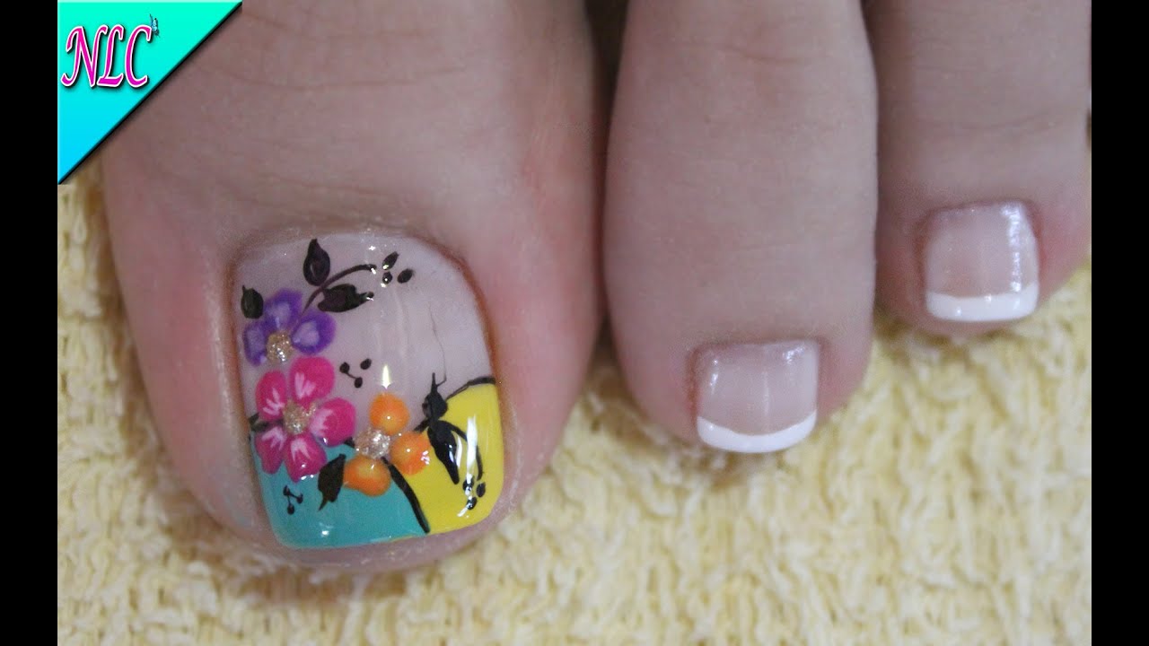 DISEÑO DE UÑAS PARA PIES FLORES Y FRANCÉS CON COLORES - FRENCH NAIL ART - FLOWERS NAIL ART - NLC