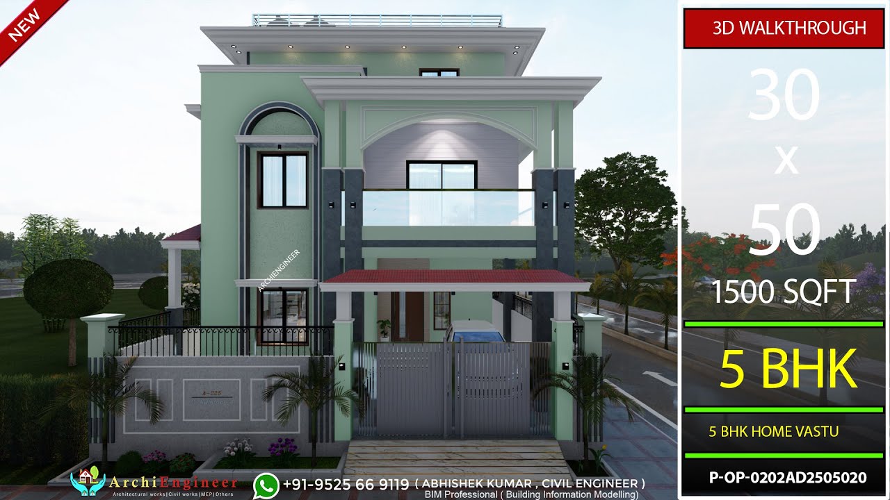 30x50 House Design 3D | 🔥🔥1500 Sqft | 166 Gaj | 5 BHK | Modern Design | Terrace Garden | 9x15 Meters
