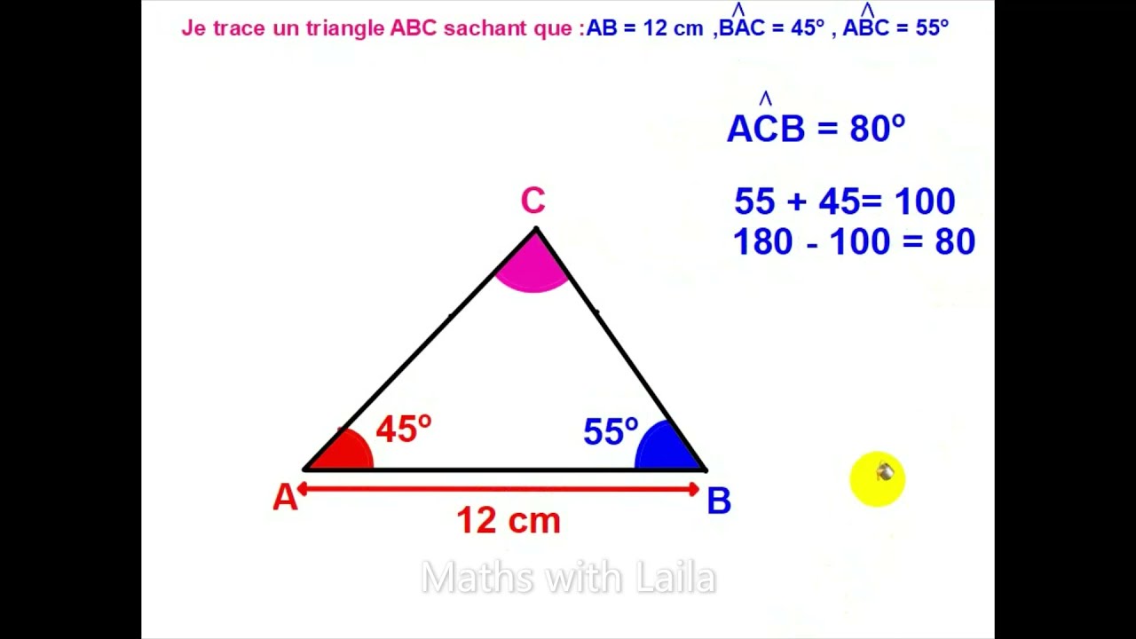 Je trace un triangle ABC  sachant que   AB = 12 cm ,  BÂC = 45° , 𝐴𝐵 ̂𝐶 = 55°