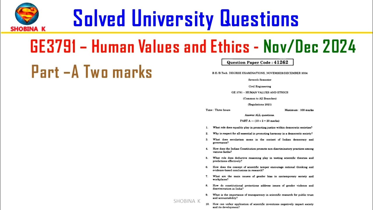 GE3791 Part A Answers Nov/Dec 2024 Human Values and Ethics #ge3791 #ge3791 