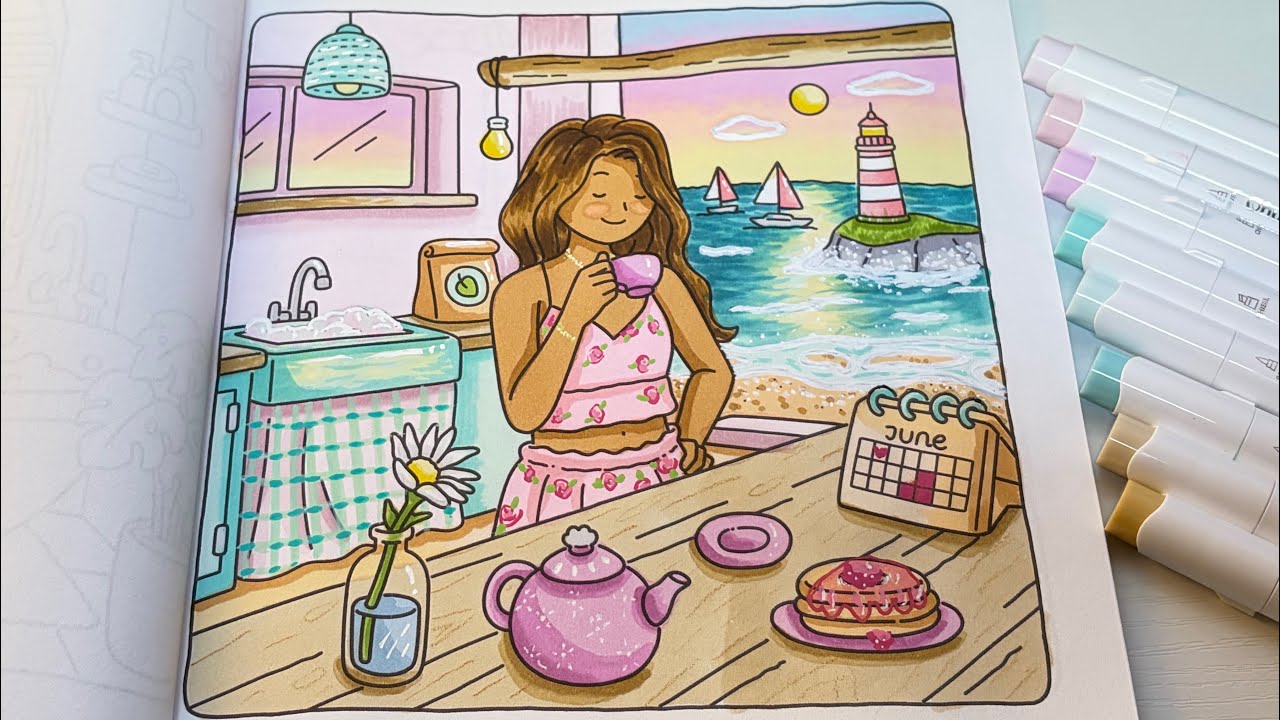  Seaside Brunch Color With Me ☕️🌊 Relaxing ASMR | Cozy Home by Vivi Tinta | Ohuhu Markers