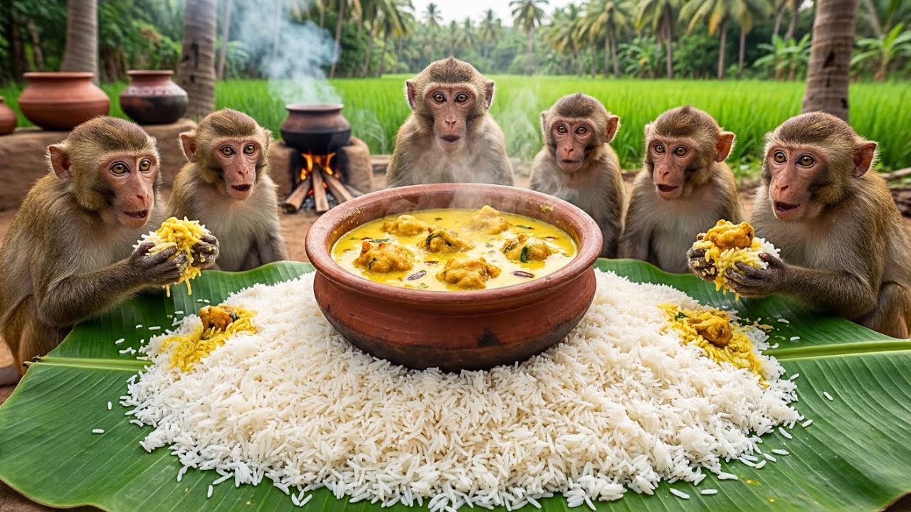 बंदरों ने देसी स्टाइल में बनाई कढ़ी चावल 😲 | Monkeys Made Kadhi Chawal Desi Style