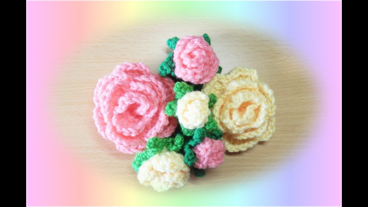 かぎ編みのバラ 1-2（花びら5枚の巻きバラの編み方）How to crochet rose flower