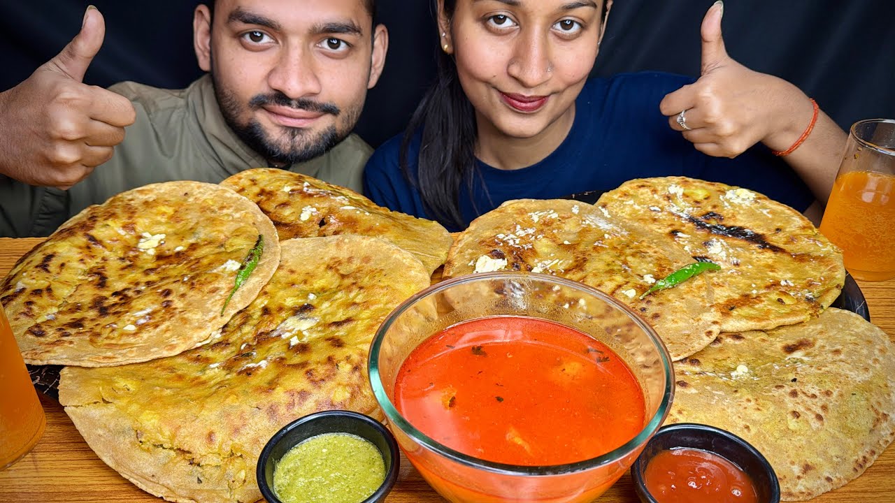 EATING JUMBO ALOO PARATHA & BANARSI ALOO JHOL WITH FANTA ||INDIAN FOOD MUKBANG || SPICY FOOD MUKBANG